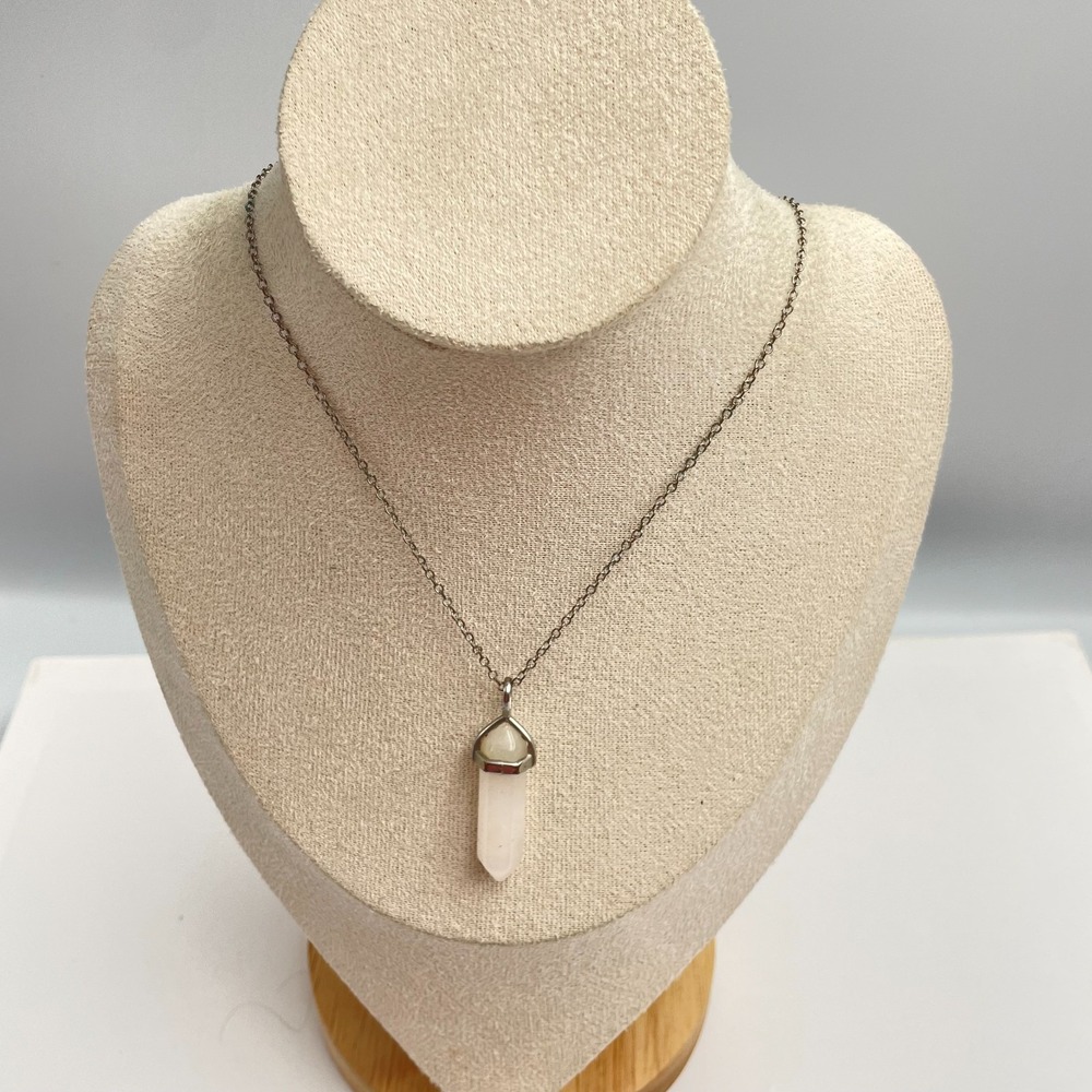 Vintage Y2K Silver Tone Rose Quartz Hexagon Point Pendant Necklace Boho Jewelry